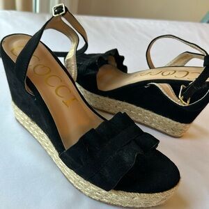 Black Open Toe Ruffle Espadrille Wedge w/ Strap